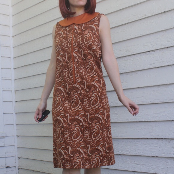 60s Mod Print Dress Rust Spice S Vintage Mary Dobb - Picture 5 of 7